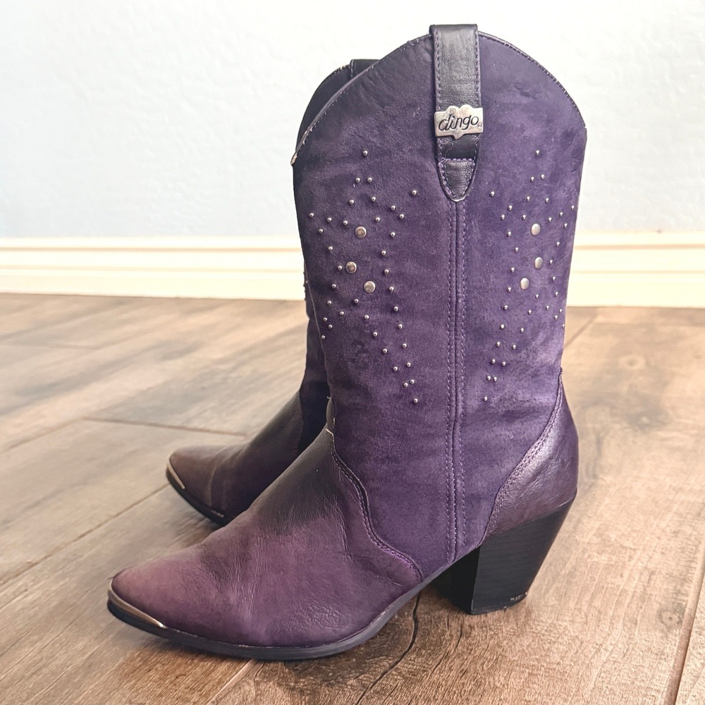 Dingo Womens Western Leather Studded Mid Calf Heeled Boots, Purple Silver, 5.5